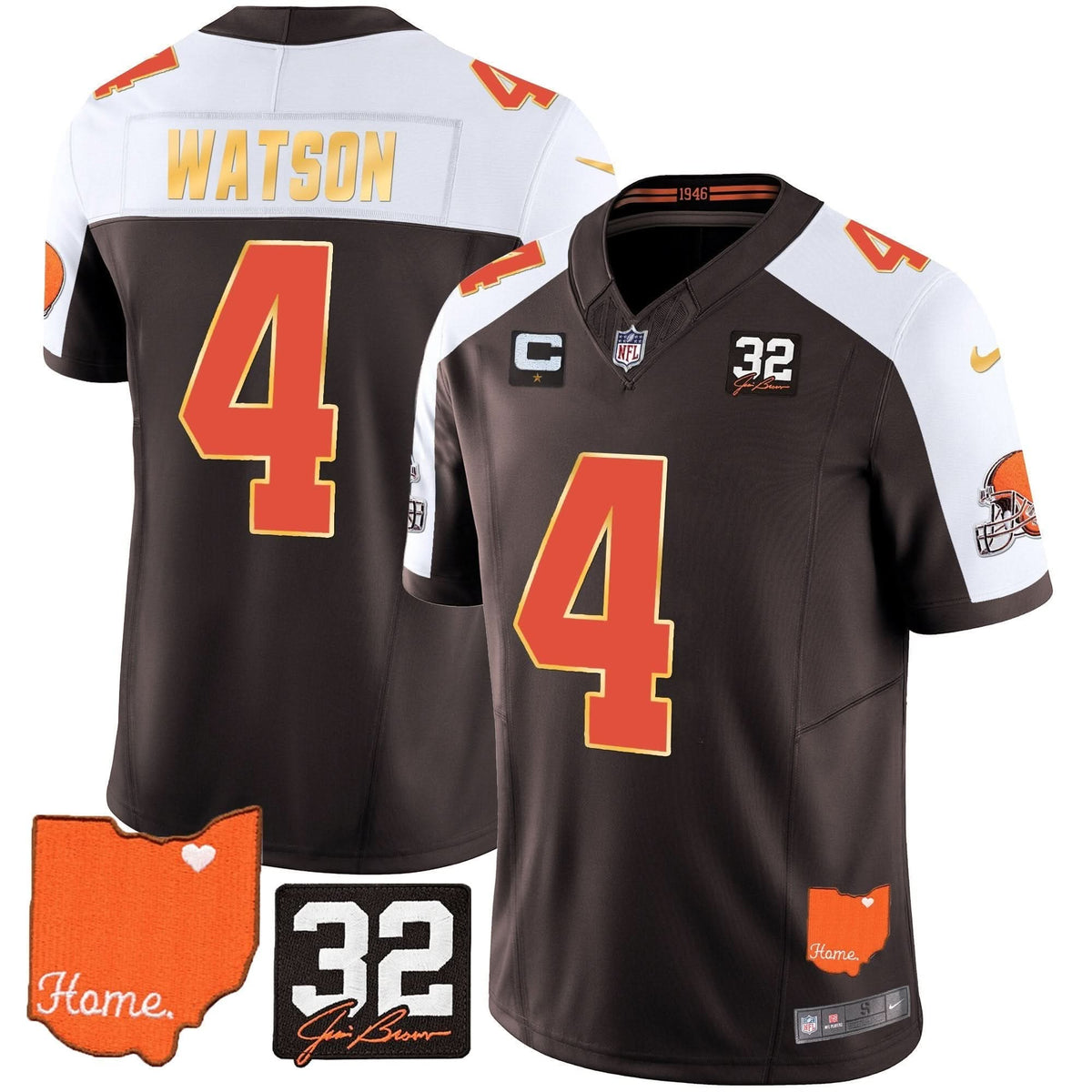 CLE #32 Jim Brown Memorial & Home Patch Gold Trim Jersey