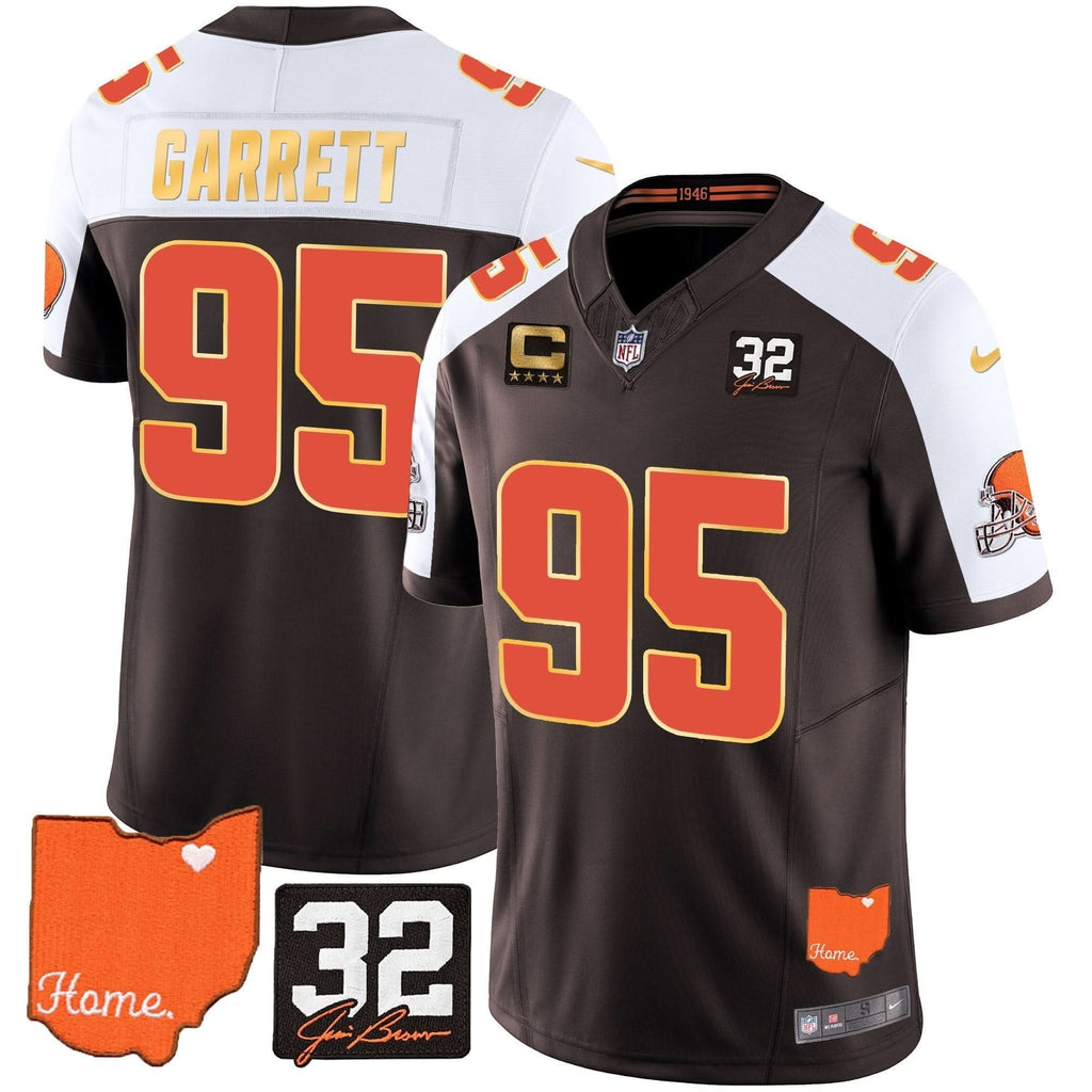 CLE #32 Jim Brown Memorial & Home Patch Gold Trim Jersey