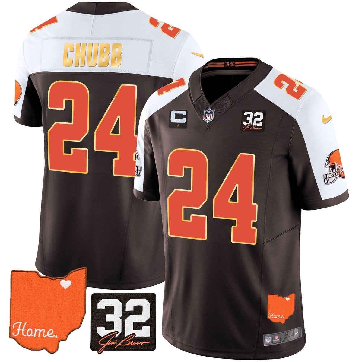 CLE #32 Jim Brown Memorial & Home Patch Gold Trim Jersey