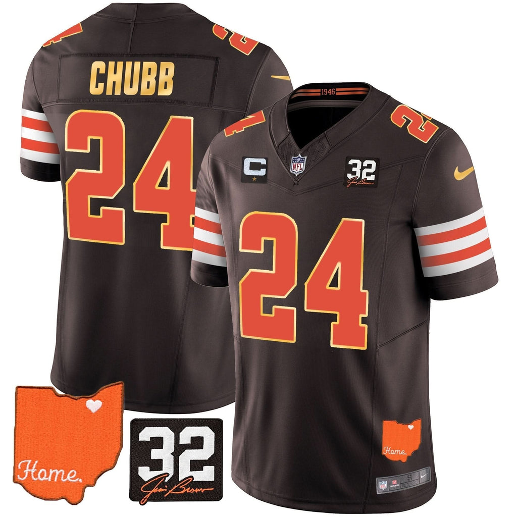 CLE #32 Jim Brown Memorial & Home Patch Gold Trim Jersey