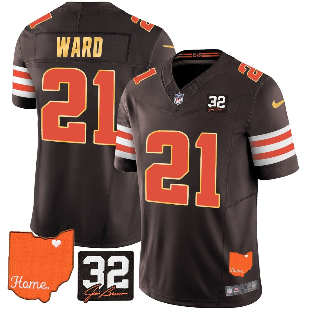 CLE #32 Jim Brown Memorial & Home Patch Gold Trim Jersey