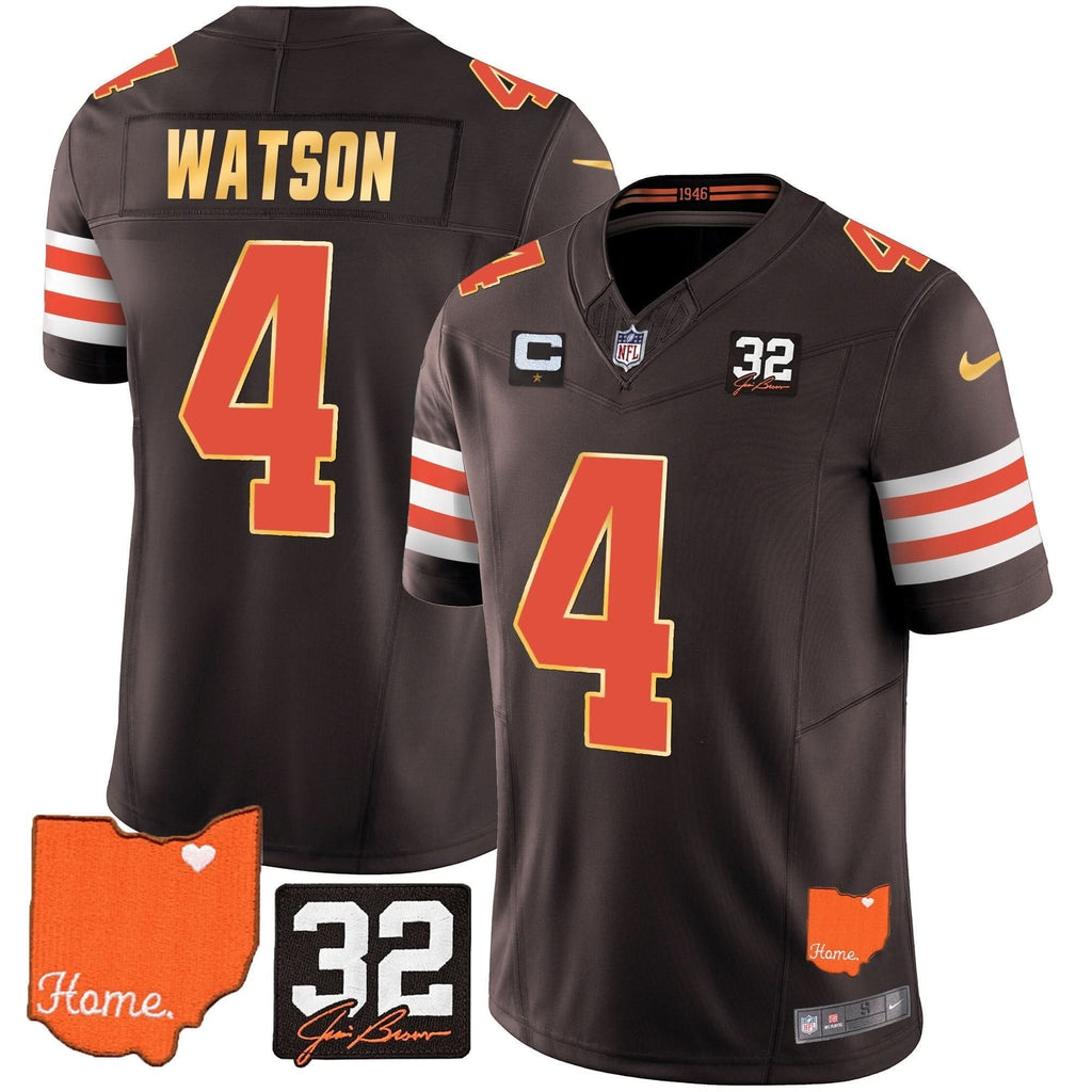 CLE #32 Jim Brown Memorial & Home Patch Gold Trim Jersey