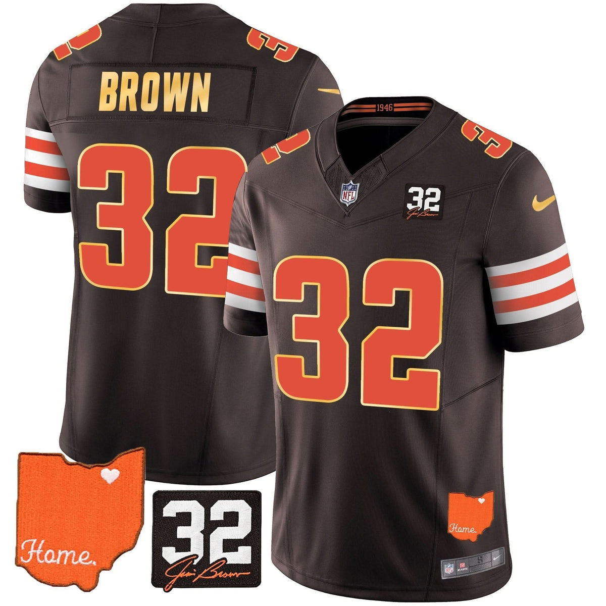 CLE #32 Jim Brown Memorial & Home Patch Gold Trim Jersey