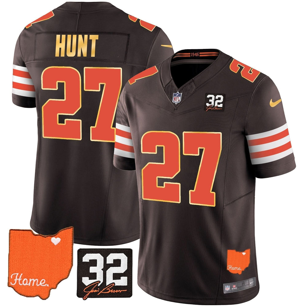 CLE #32 Jim Brown Memorial & Home Patch Gold Trim Jersey