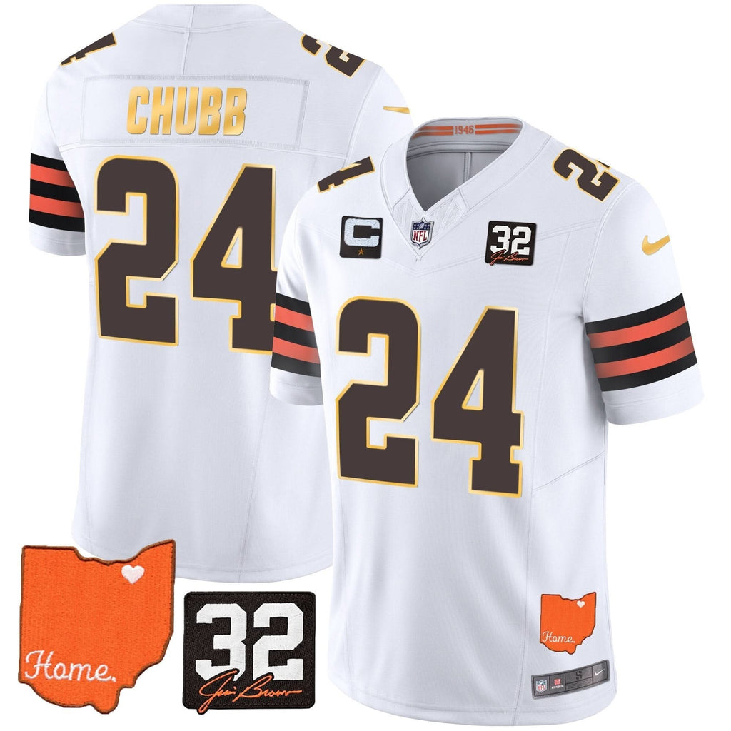CLE #32 Jim Brown Memorial & Home Patch Gold Trim Jersey