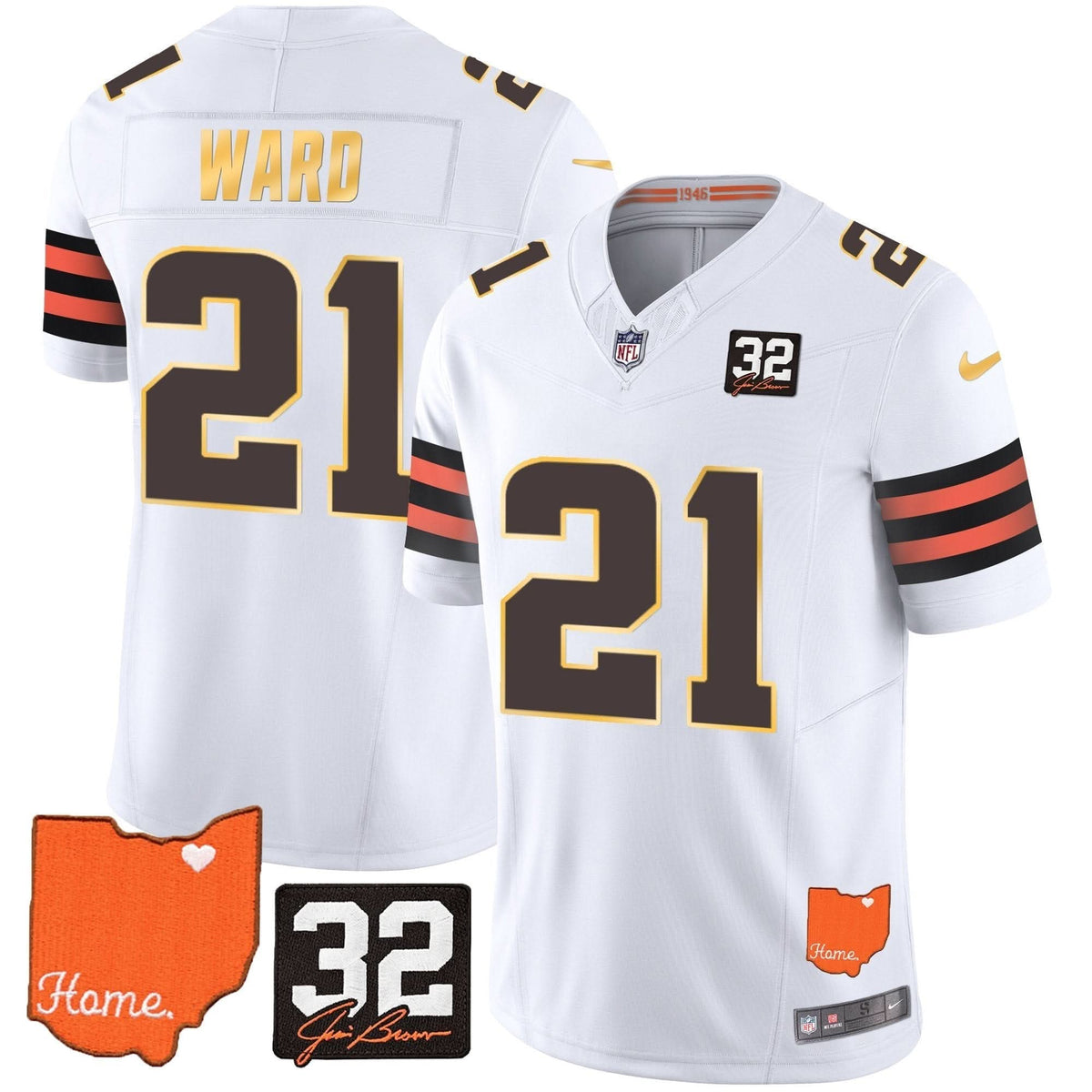 CLE #32 Jim Brown Memorial & Home Patch Gold Trim Jersey