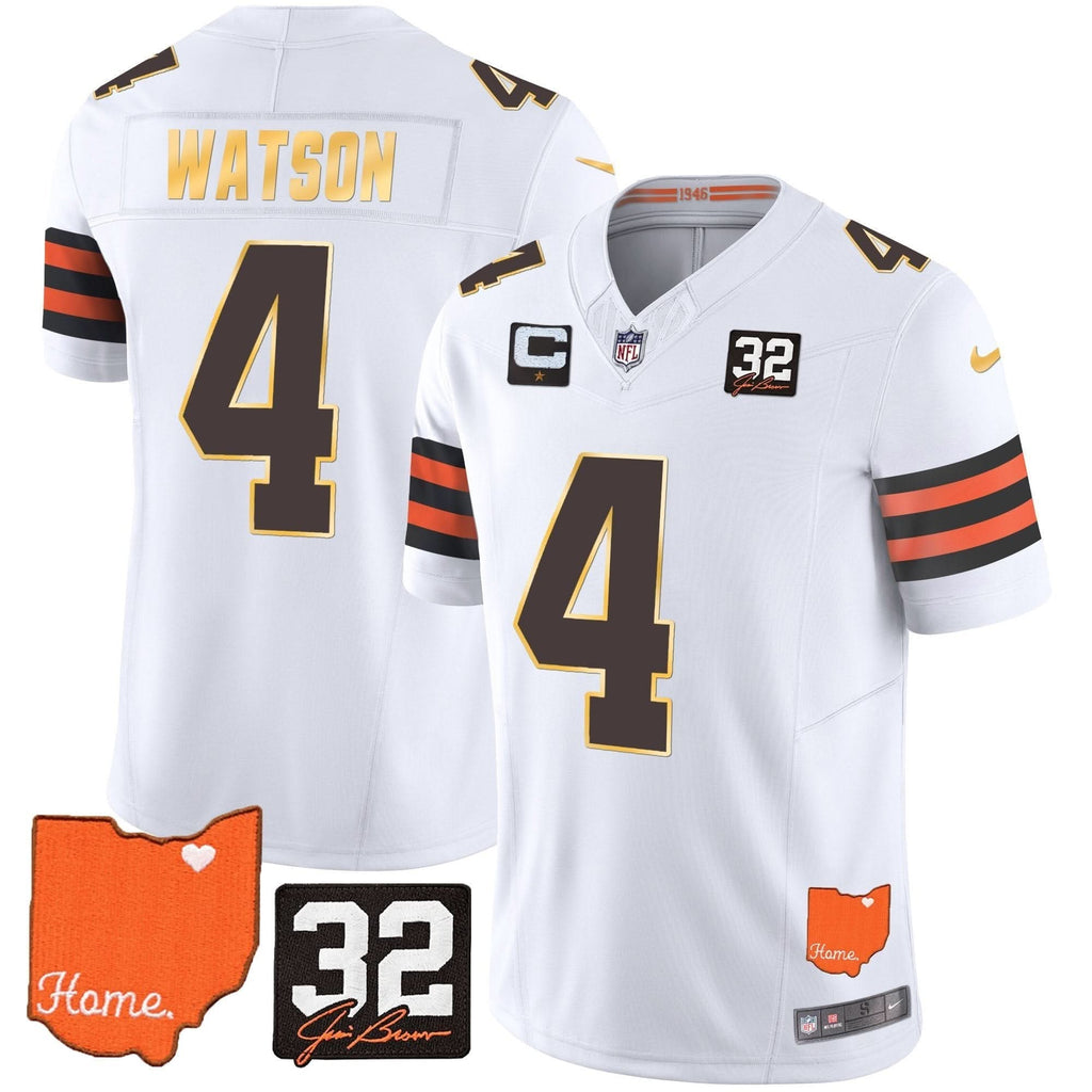 CLE #32 Jim Brown Memorial & Home Patch Gold Trim Jersey