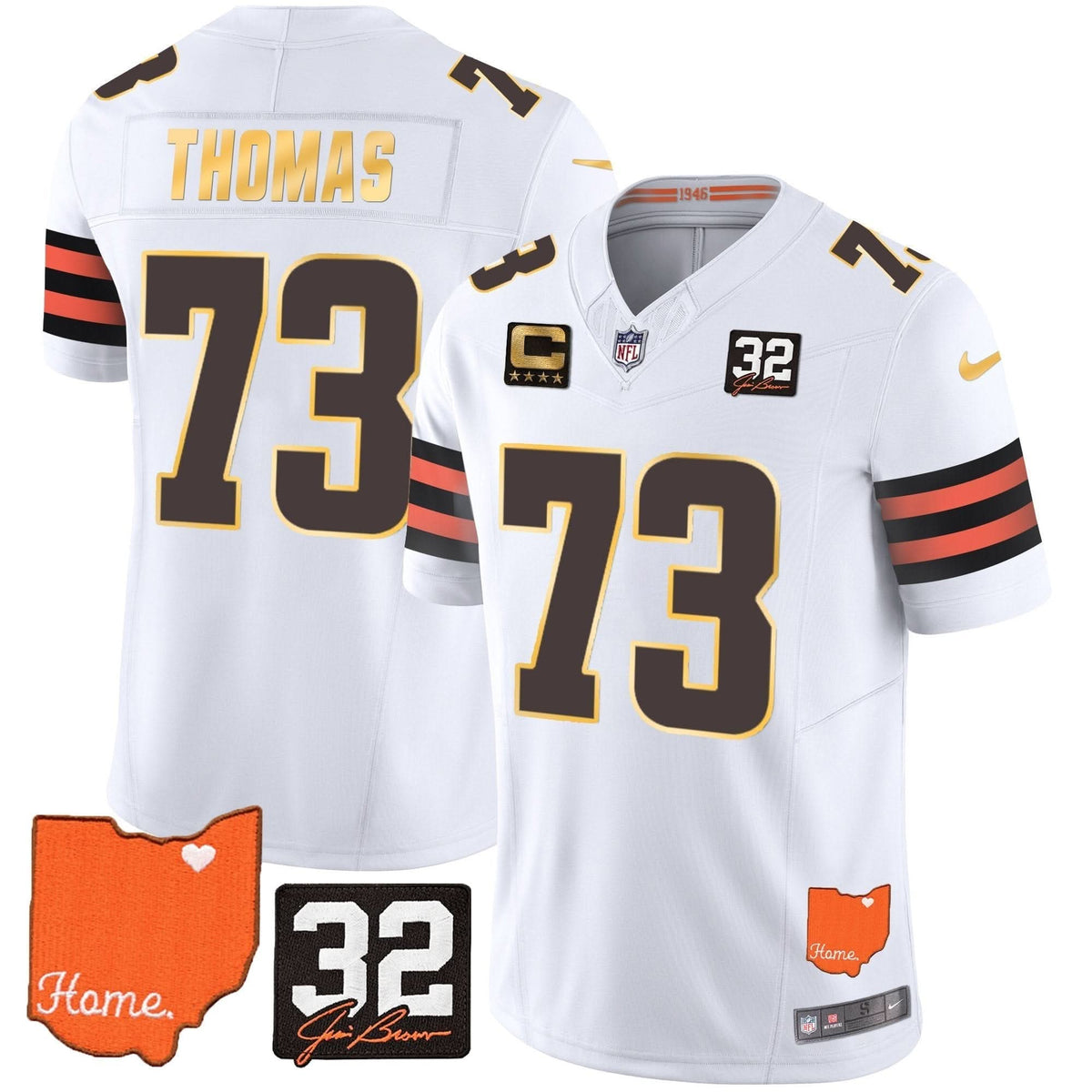 CLE #32 Jim Brown Memorial & Home Patch Gold Trim Jersey