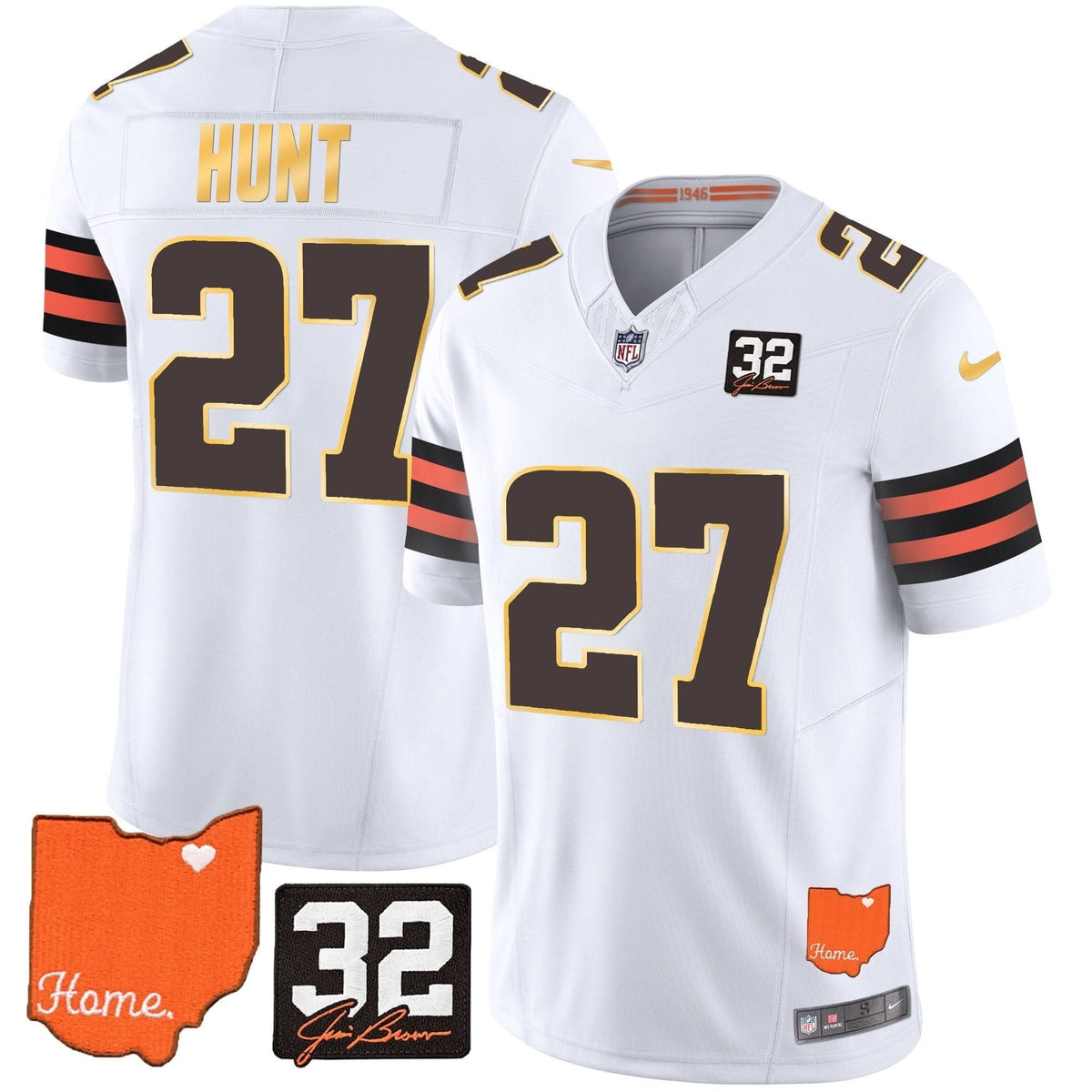 CLE #32 Jim Brown Memorial & Home Patch Gold Trim Jersey