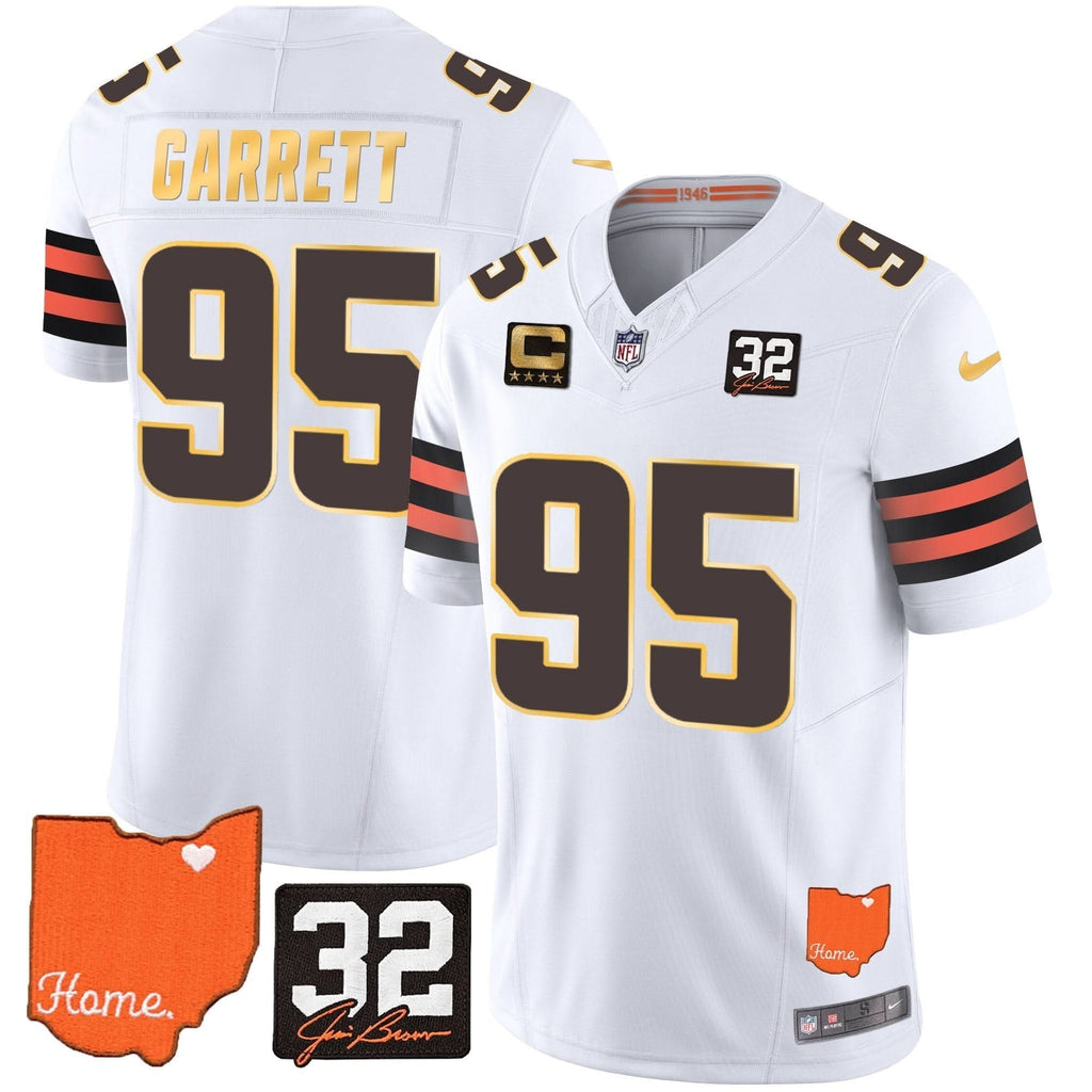 CLE #32 Jim Brown Memorial & Home Patch Gold Trim Jersey