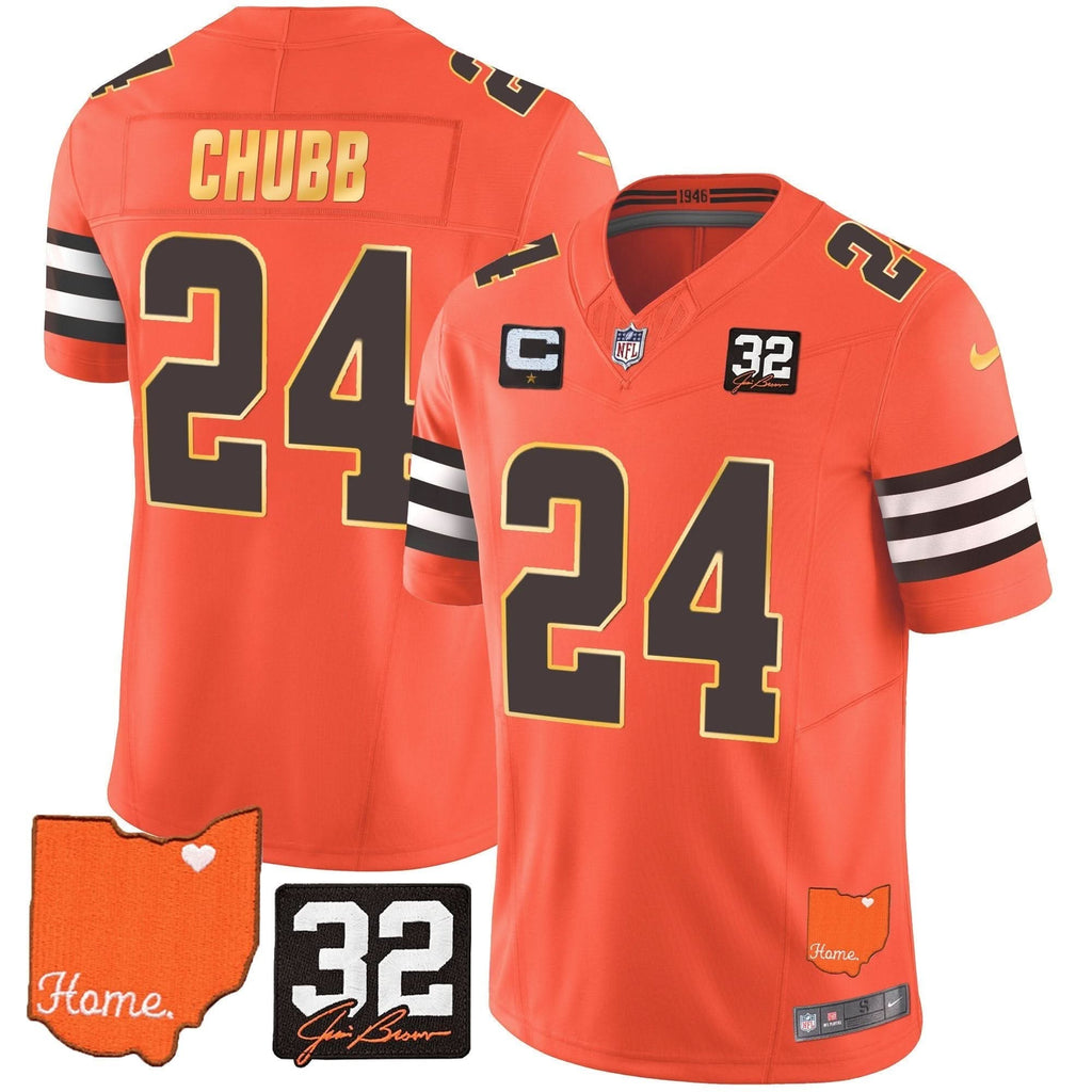 CLE #32 Jim Brown Memorial & Home Patch Gold Trim Jersey