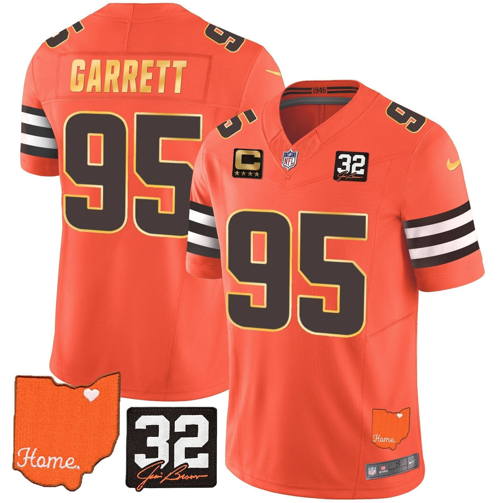 CLE #32 Jim Brown Memorial & Home Patch Gold Trim Jersey