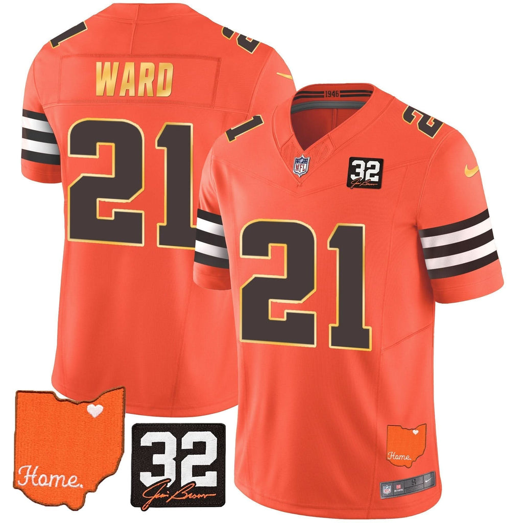 CLE #32 Jim Brown Memorial & Home Patch Gold Trim Jersey