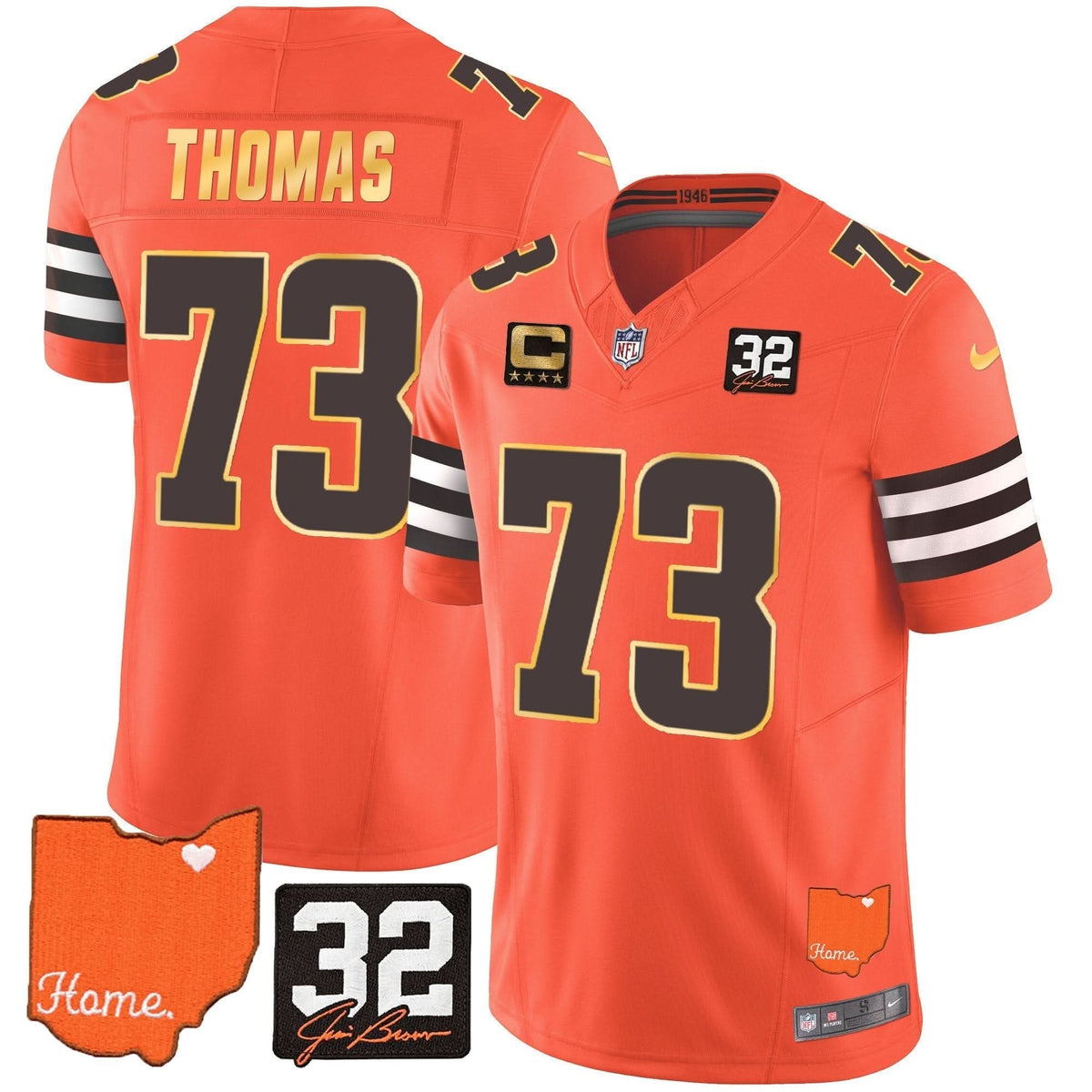 CLE #32 Jim Brown Memorial & Home Patch Gold Trim Jersey