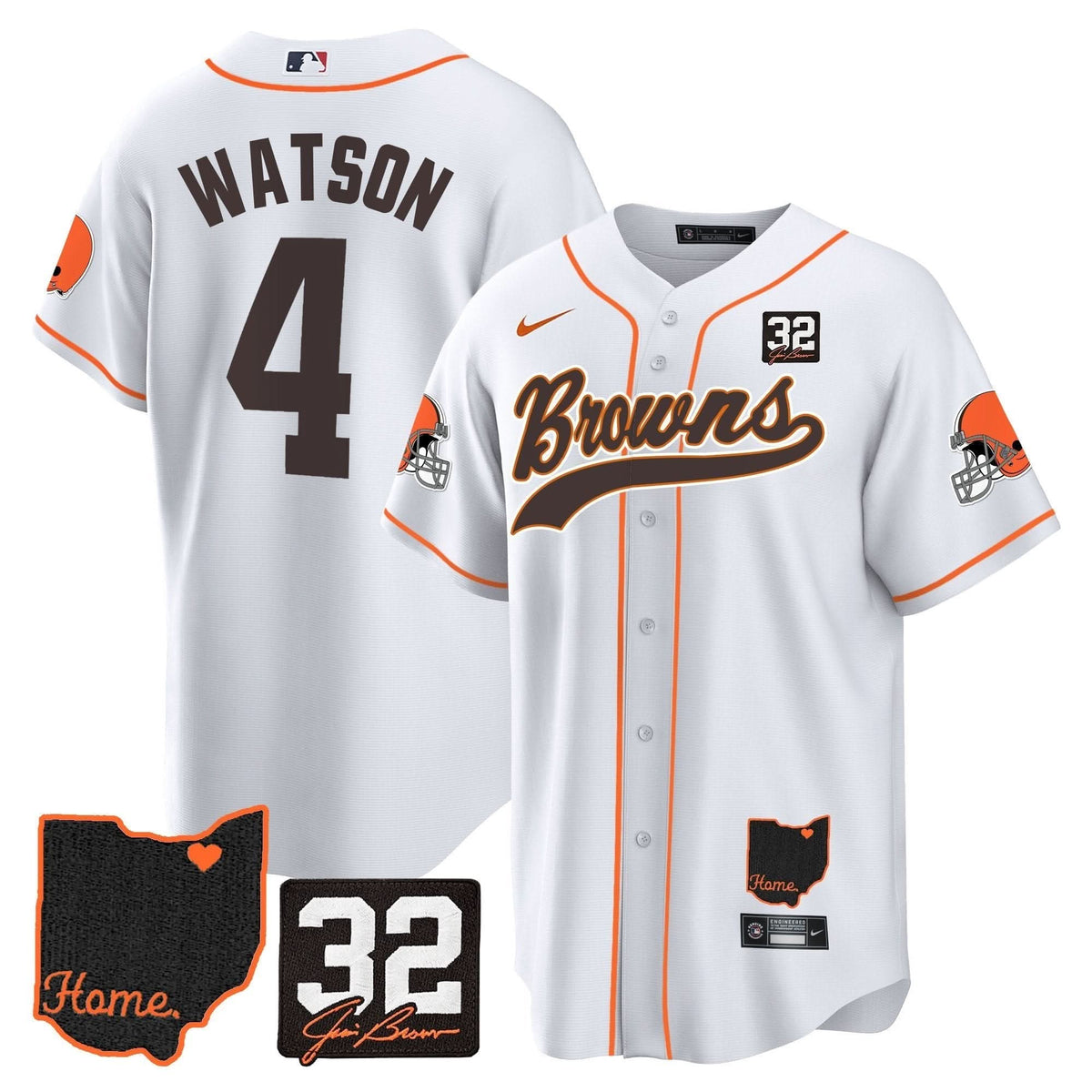 CLE #32 Jim Brown Memorial & Home Patch Baseball Jersey V2 - All Stitched