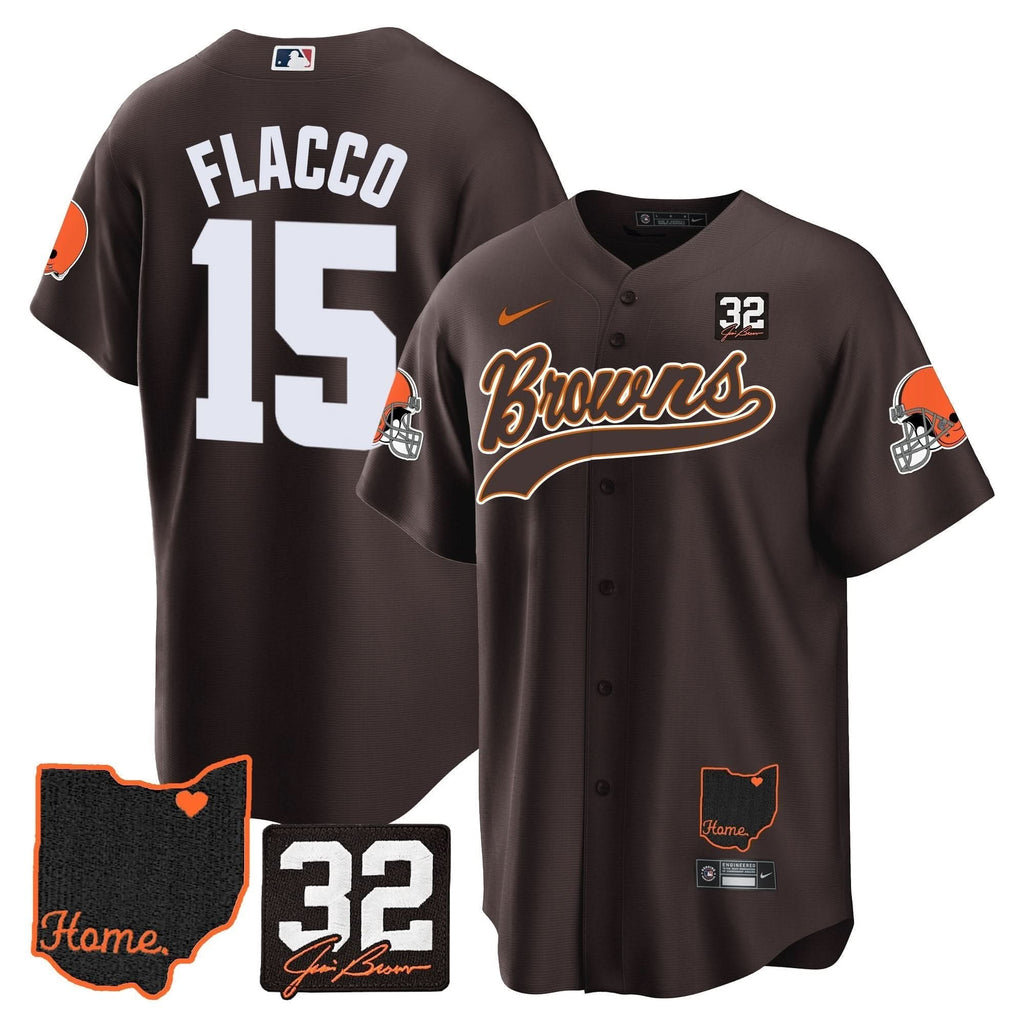 CLE #32 Jim Brown Memorial & Home Patch Baseball Jersey V2 - All Stitched