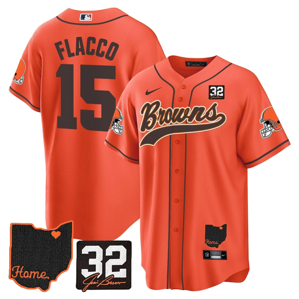 CLE #32 Jim Brown Memorial & Home Patch Baseball Jersey V2 - All Stitched