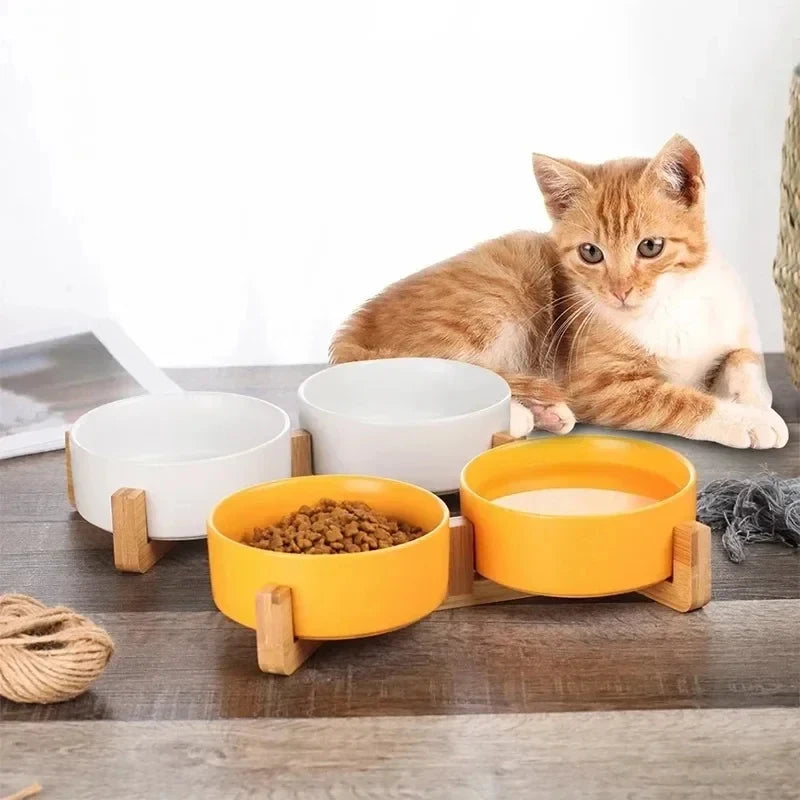 Ceramic Pet Bowl with Wood Stand, No Spill Double Bowl for Dog & Cat Food Water Feeder, for Small Dogs Cats