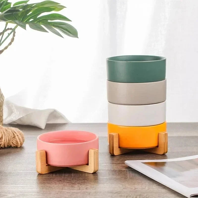 Ceramic Pet Bowl with Wood Stand, No Spill Double Bowl for Dog & Cat Food Water Feeder, for Small Dogs Cats