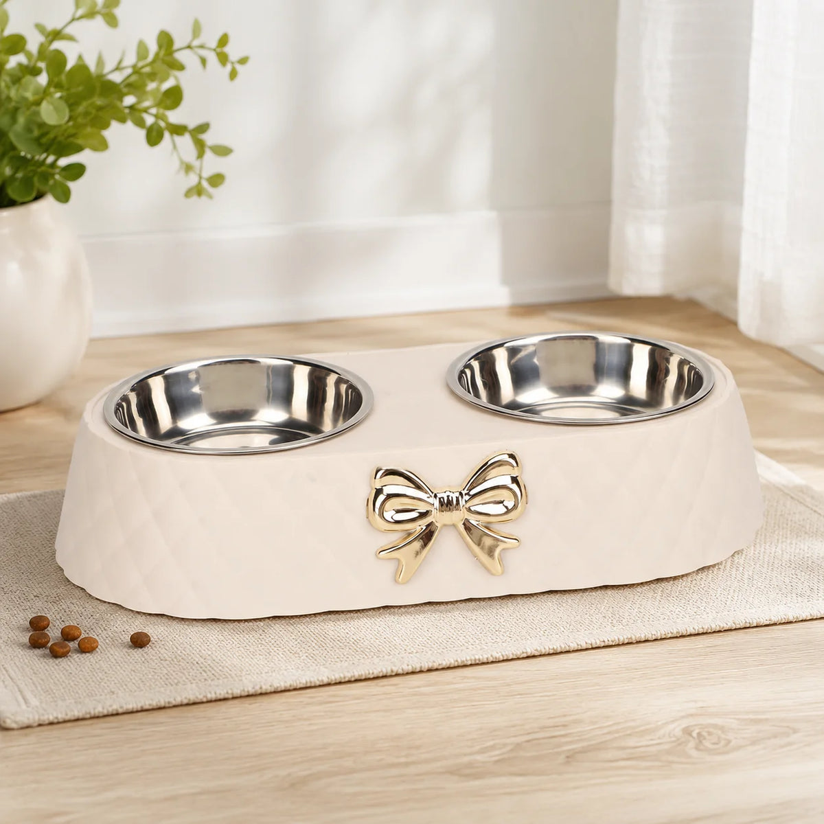Double Stainless Steel Pet Bowl for Cats and Small Dogs, Food and Water Bowl Set with Anti-Slip Base and Cute Bow Accent