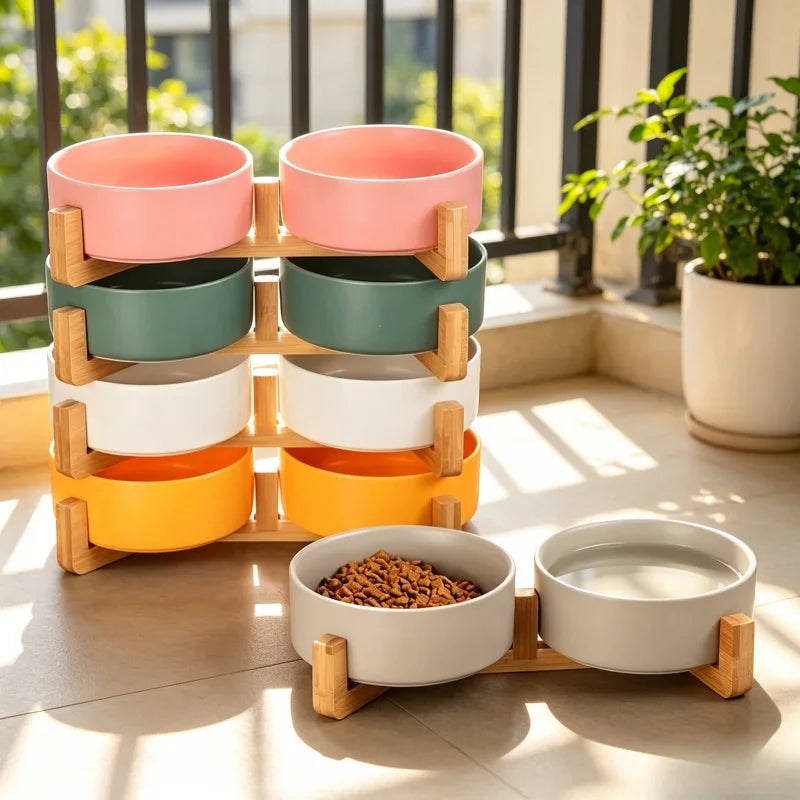 Ceramic Pet Bowl with Wood Stand, No Spill Double Bowl for Dog & Cat Food Water Feeder, for Small Dogs Cats