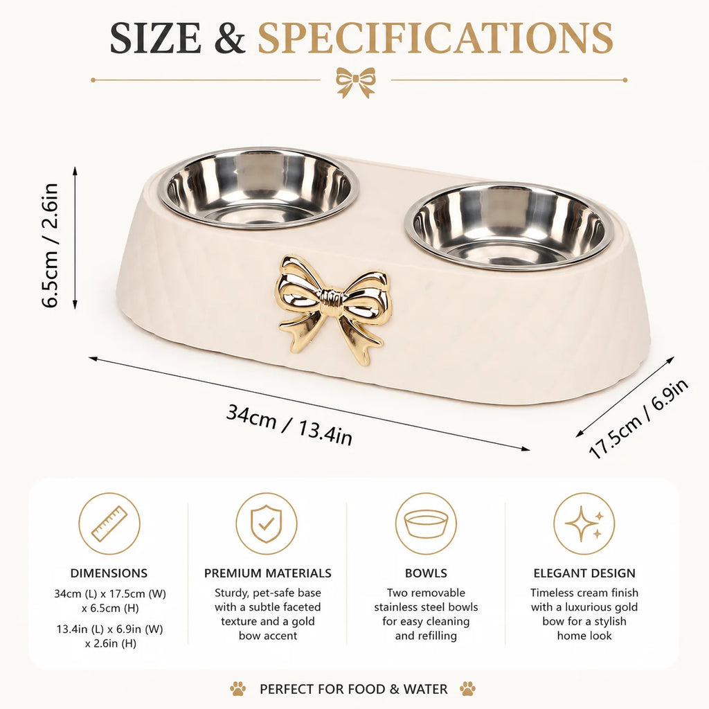 Double Stainless Steel Pet Bowl for Cats and Small Dogs, Food and Water Bowl Set with Anti-Slip Base and Cute Bow Accent