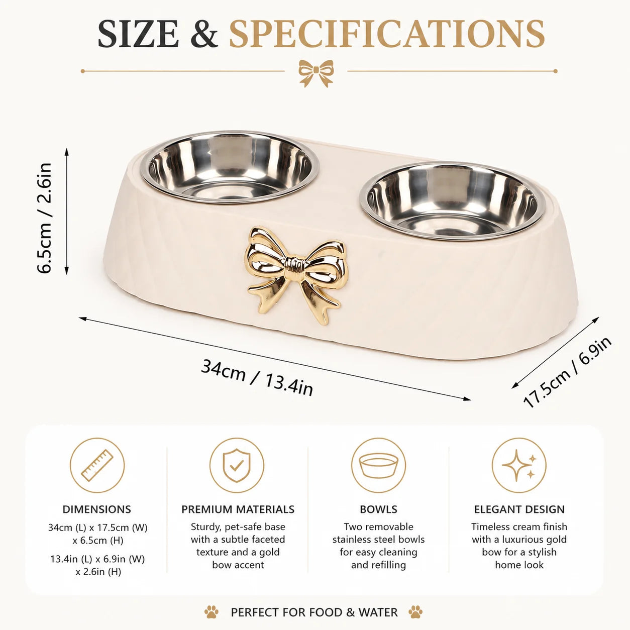 Double Stainless Steel Pet Bowl for Cats and Small Dogs, Food and Water Bowl Set with Anti-Slip Base and Cute Bow Accent