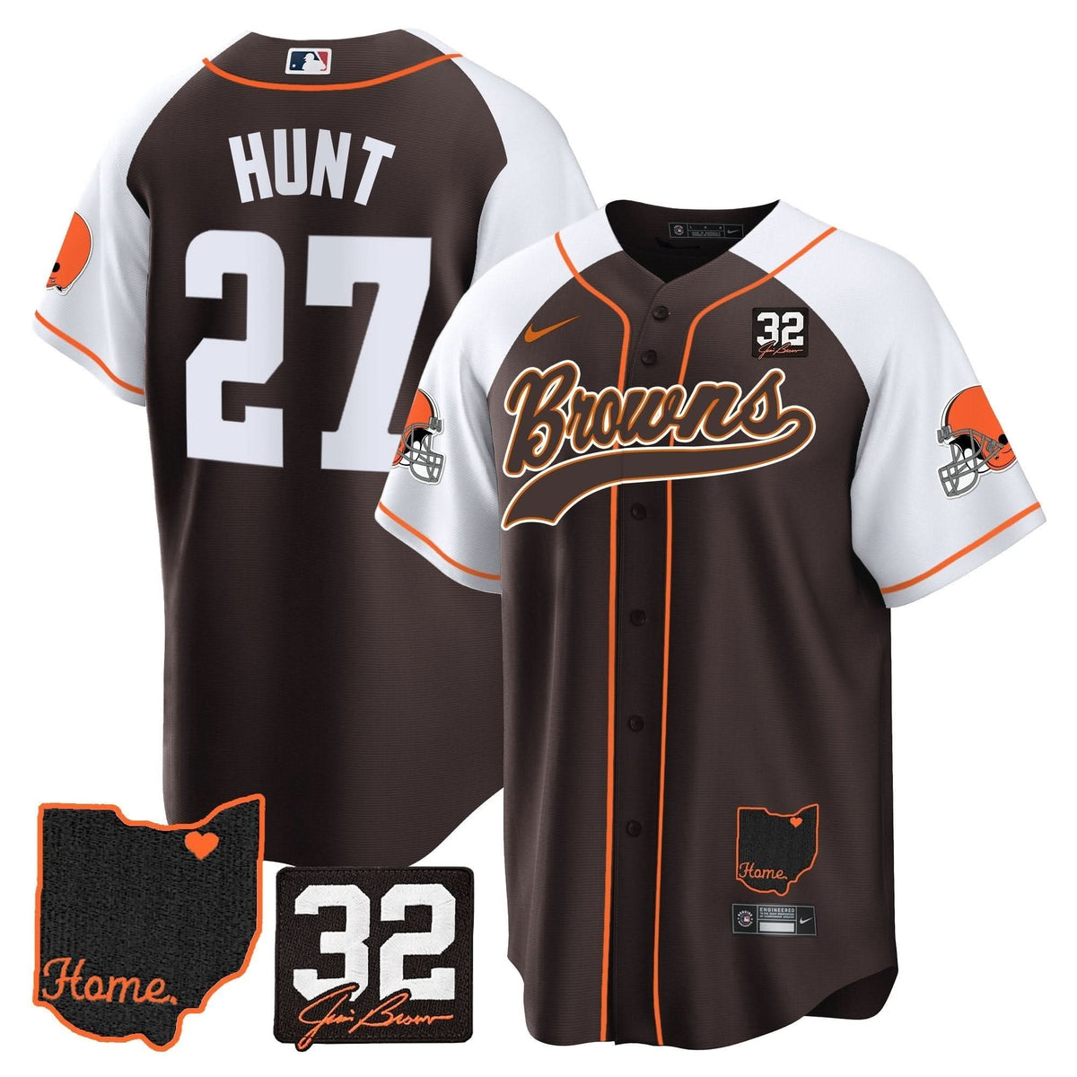 CLE #32 Jim Brown Memorial & Home Patch Baseball Jersey V2 - All Stitched
