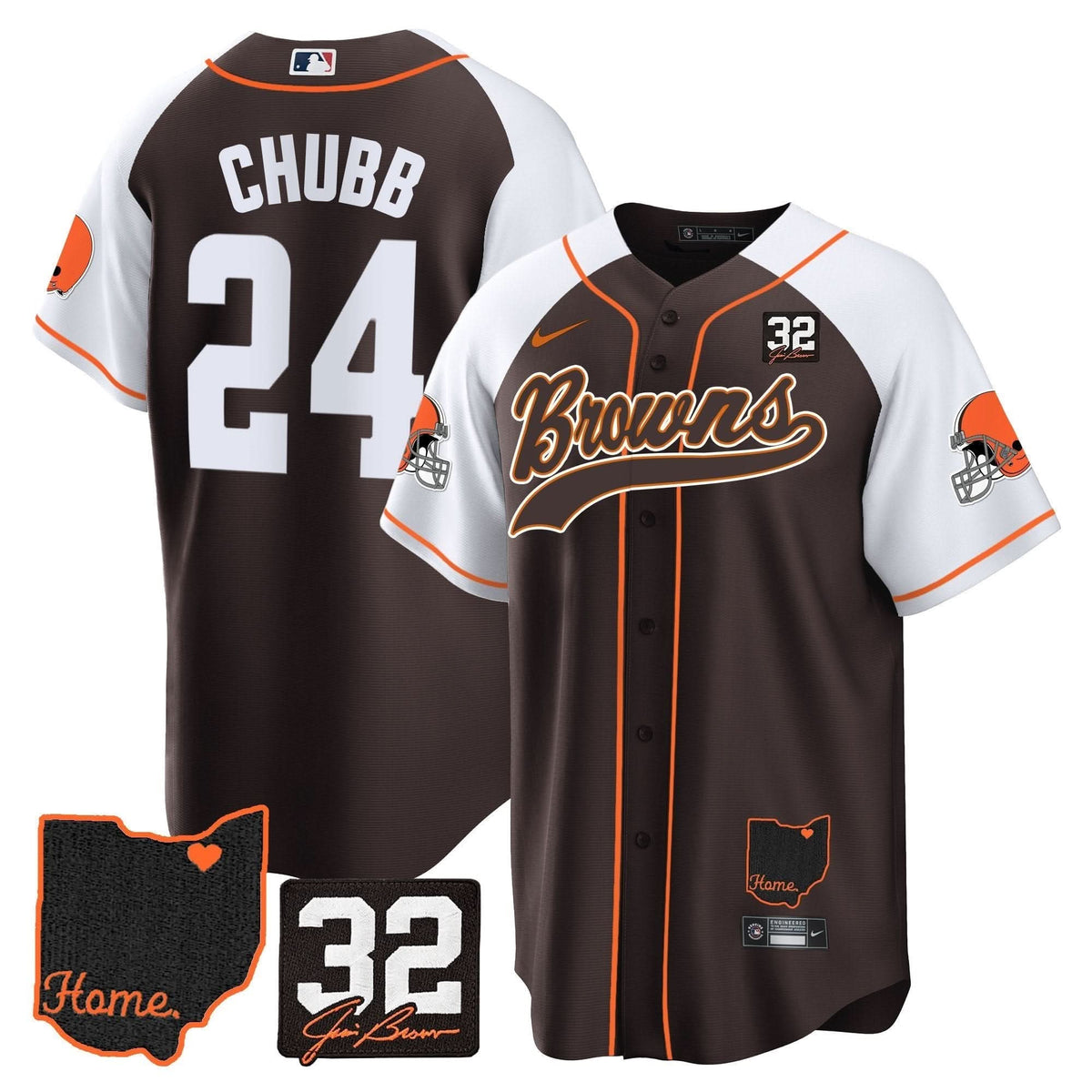 CLE #32 Jim Brown Memorial & Home Patch Baseball Jersey V2 - All Stitched
