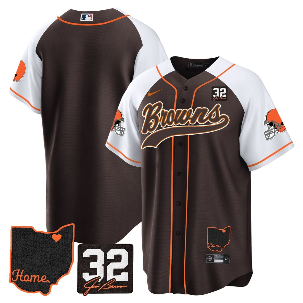 CLE #32 Jim Brown Memorial & Home Patch Baseball Jersey V2 - All Stitched