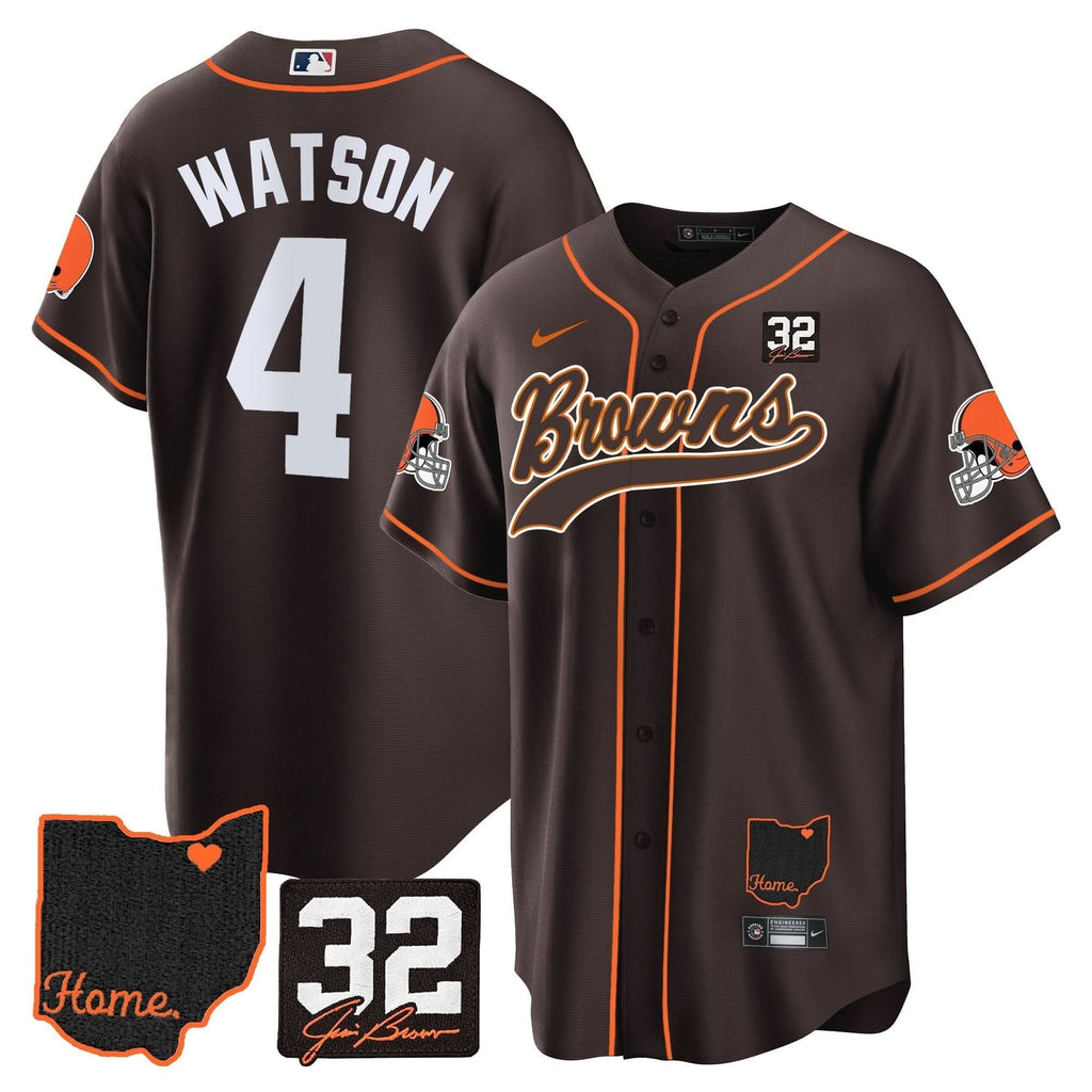 CLE #32 Jim Brown Memorial & Home Patch Baseball Jersey V2 - All Stitched