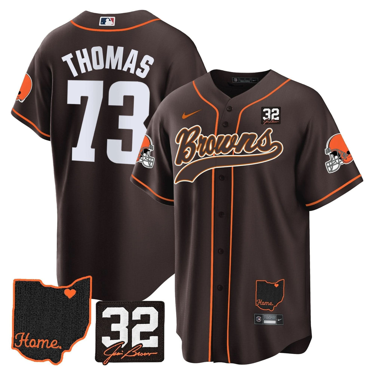 CLE #32 Jim Brown Memorial & Home Patch Baseball Jersey V2 - All Stitched