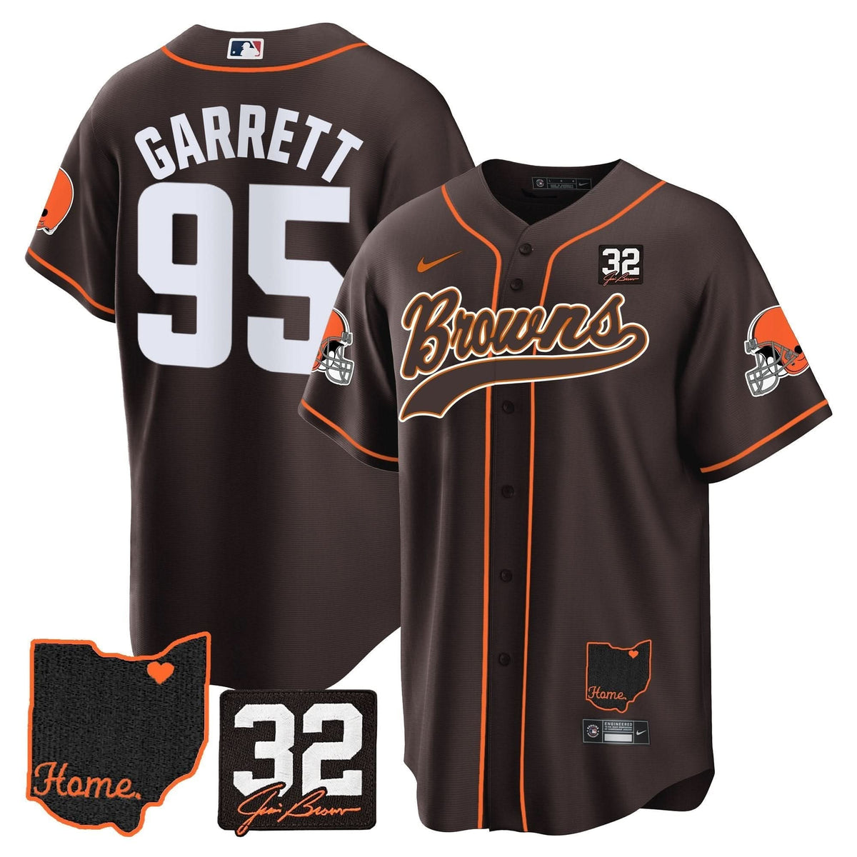 CLE #32 Jim Brown Memorial & Home Patch Baseball Jersey V2 - All Stitched