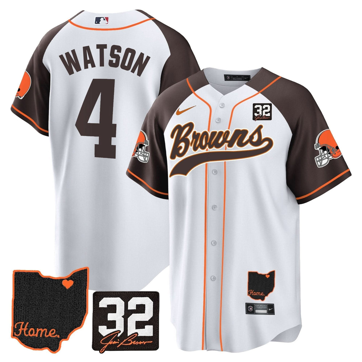 CLE #32 Jim Brown Memorial & Home Patch Baseball Jersey V2 - All Stitched