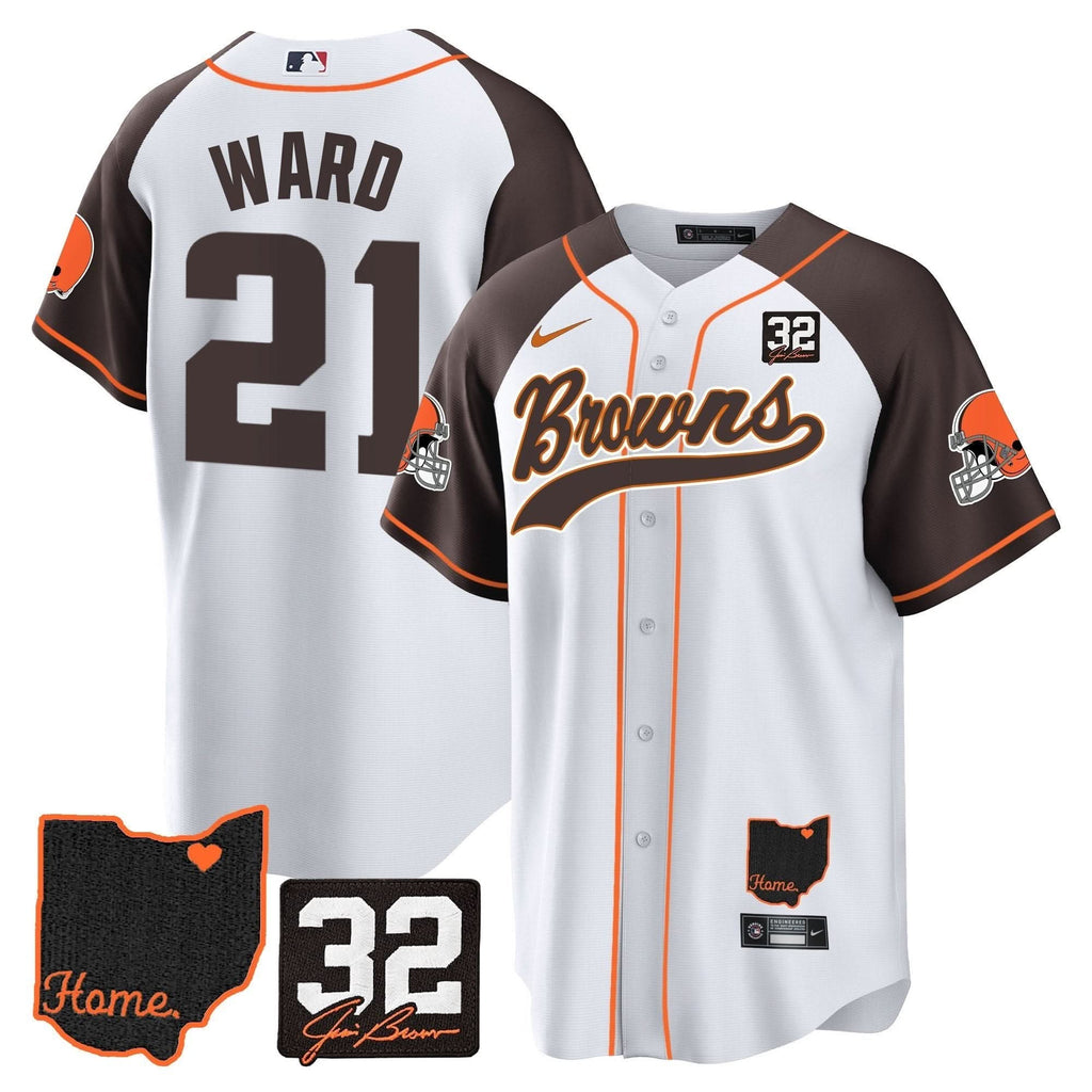 CLE #32 Jim Brown Memorial & Home Patch Baseball Jersey V2 - All Stitched