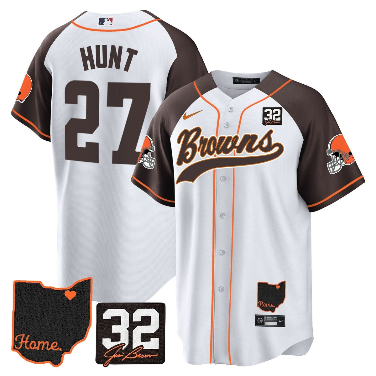 CLE #32 Jim Brown Memorial & Home Patch Baseball Jersey V2 - All Stitched