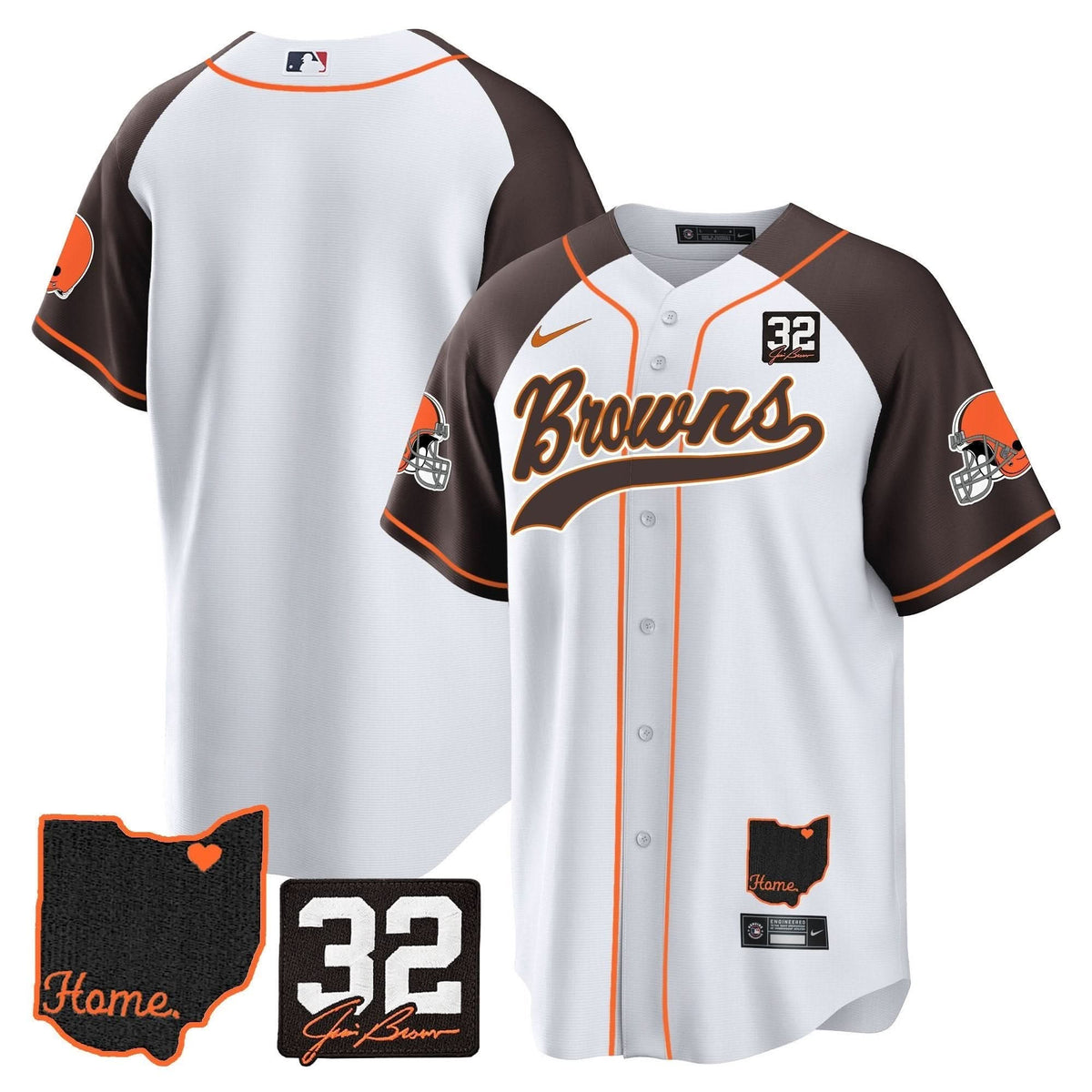 CLE #32 Jim Brown Memorial & Home Patch Baseball Jersey V2 - All Stitched