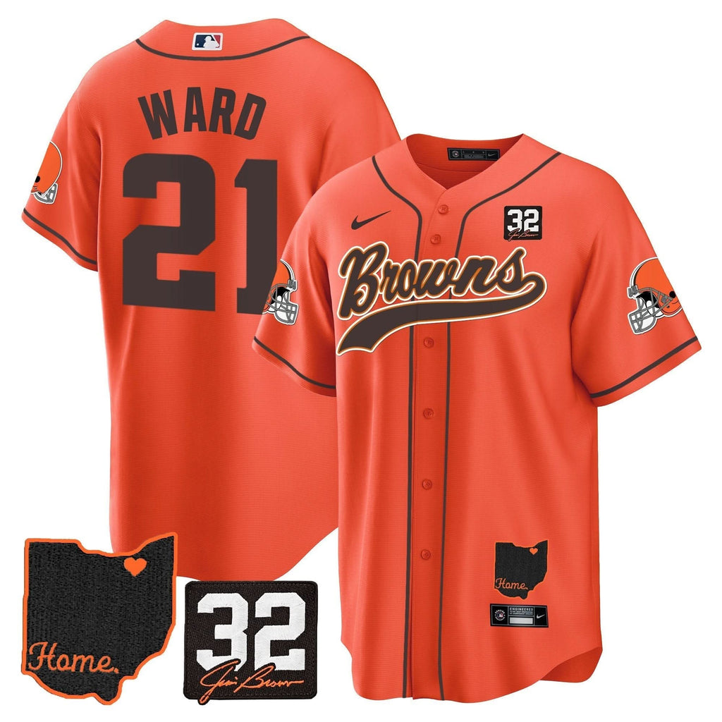 CLE #32 Jim Brown Memorial & Home Patch Baseball Jersey V2 - All Stitched
