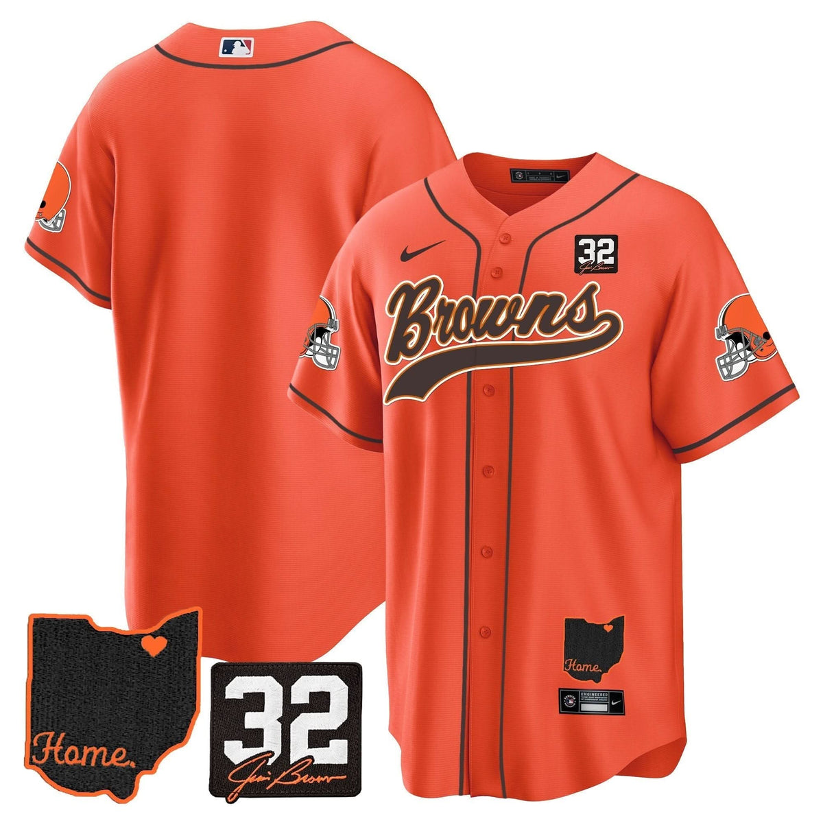 CLE #32 Jim Brown Memorial & Home Patch Baseball Jersey V2 - All Stitched