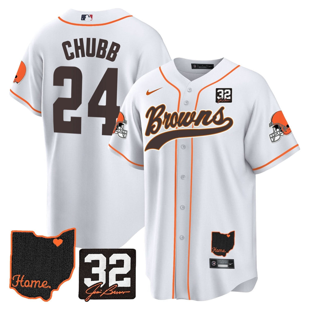 CLE #32 Jim Brown Memorial & Home Patch Baseball Jersey V2 - All Stitched