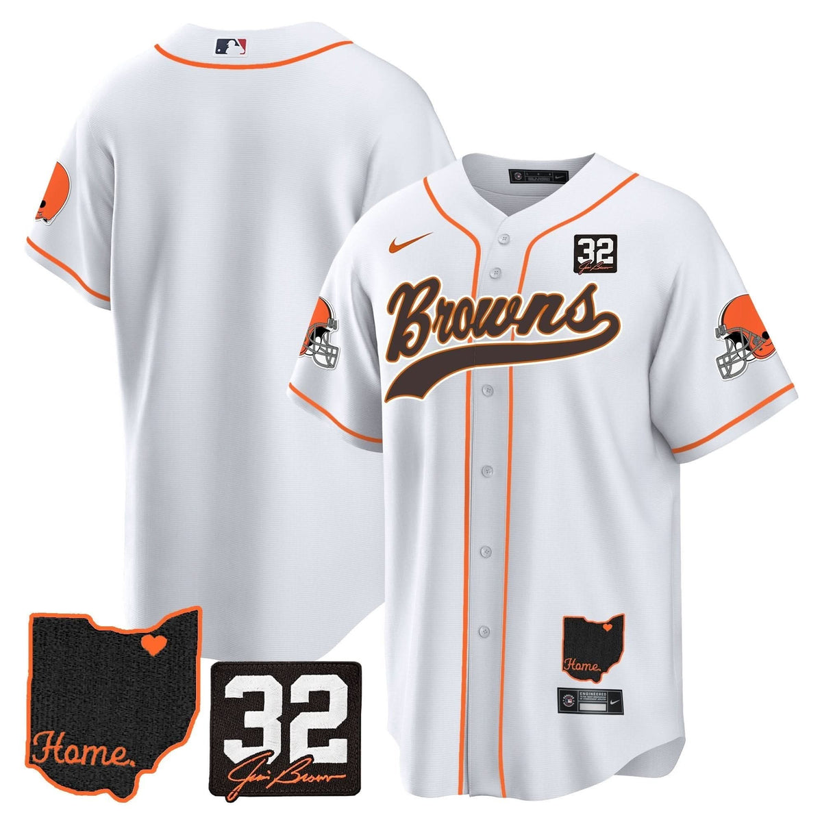 CLE #32 Jim Brown Memorial & Home Patch Baseball Jersey V2 - All Stitched