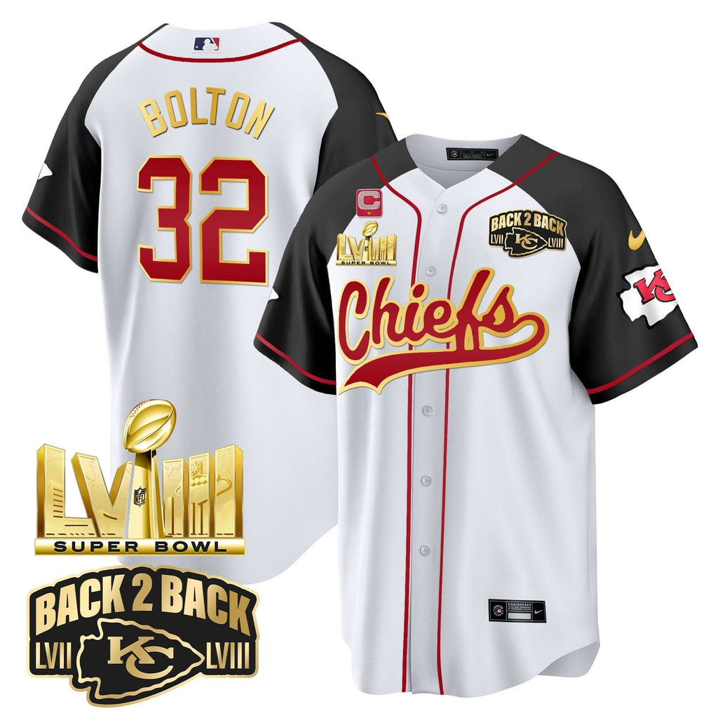 KC Super Bowl LVIII & Back 2 Back Gold Patch Baseball Jersey - All Stitched