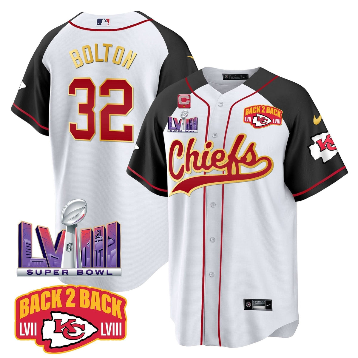 KC Super Bowl LVIII & Back 2 Back Patch Baseball Jersey - All Stitched
