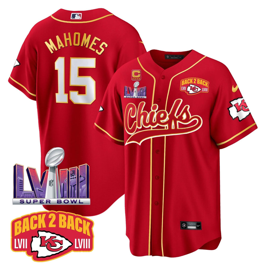 KC Super Bowl LVIII & Back 2 Back Patch Baseball Jersey - All Stitched